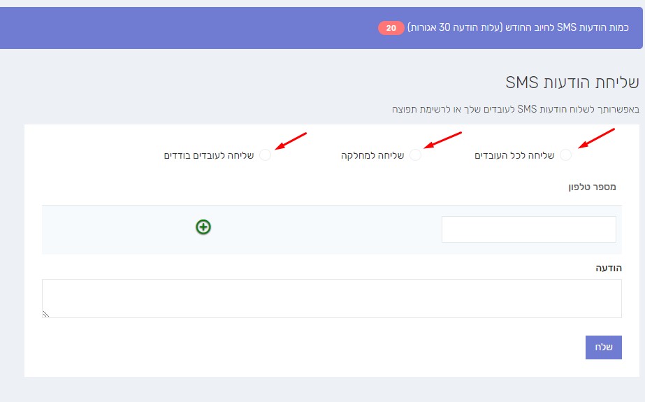 שליחת הודעות SMS לעובדים